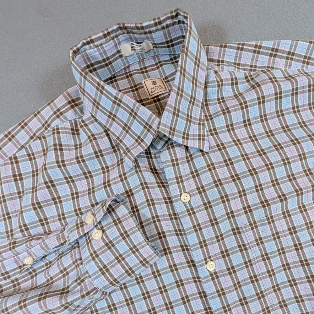 Peter Millar Button Down Shirt Mens Medium Plaid Long Sleeve Golf Performance‎